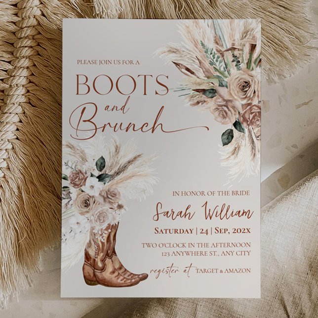 Invitación de Desayuno Nupcial Boots Brunch Rústic (Boots Brunch Bridal Shower Invitation Rustic Boho Pampas Floral )