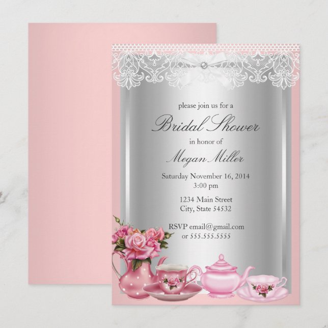 Invitación de Desayuno Nupcial Pretty Pink High Te (Anverso / Reverso)