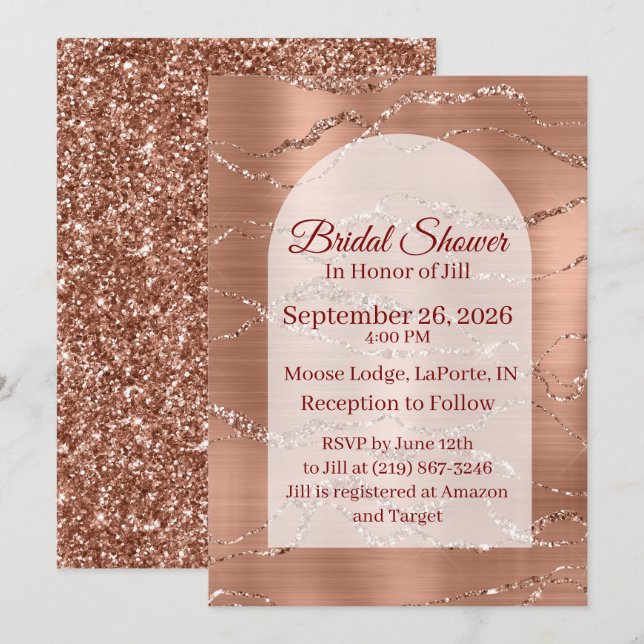Invitación de Desayuno Nupcial Tarjeta Rosa Dorada (Anverso / Reverso)
