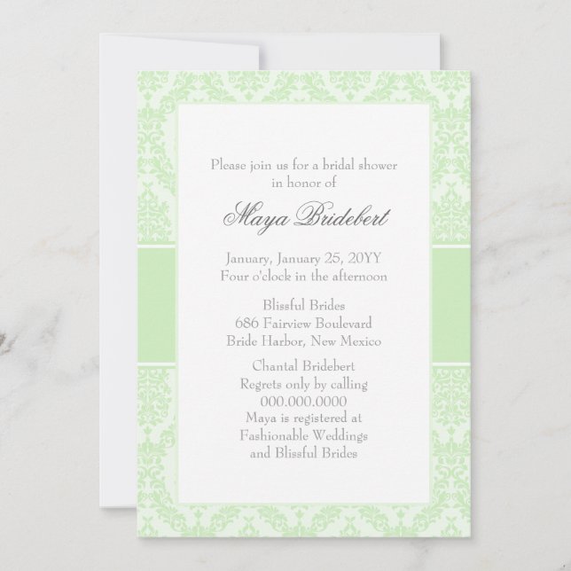 Invitación de Desayuno Nupcial Tea Green Damask (Anverso)
