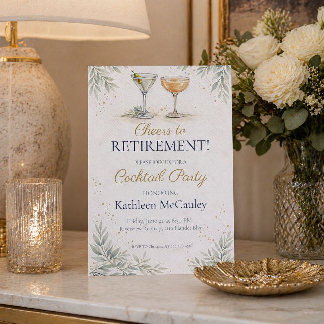 Invitación de despedida de hoja de champán (Champagne leaf farewell cocktail party with soft ivory tones and gold accents)