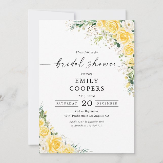 Invitación de Despedida de Soltera Amarilla Elegan (Anverso)