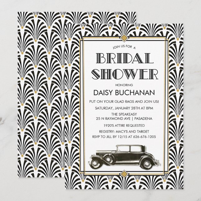 Invitación de Despedida de Soltera Art Deco Gatsby (Anverso / Reverso)