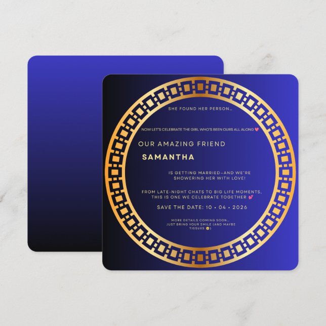 Invitación de Despedida de Soltera Azul Real y Dor (Anverso / Reverso)