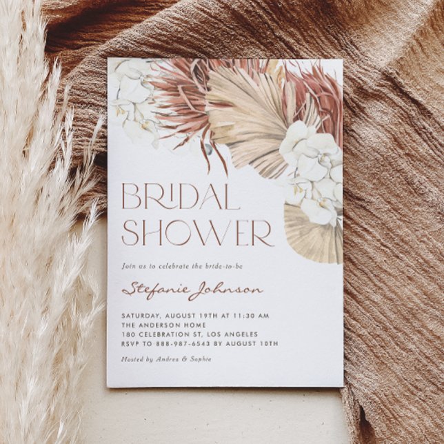 Invitación de Despedida de Soltera Boho de Orquíde (This boho bridal shower invitation features watercolor orchids, pampas grass, and dried palm leaves.)