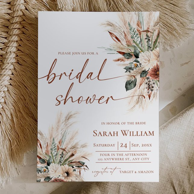 Invitación de Despedida de Soltera Boho Pampas con (Pampas Grass Bridal Shower Invite Rust Greenery | Fall Boho Invitation Neutral Earthy Tones 5×7)