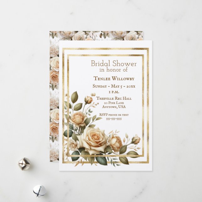 Invitación de Despedida de Soltera Boho Rosas Crem (Anverso/Reverso In Situ)