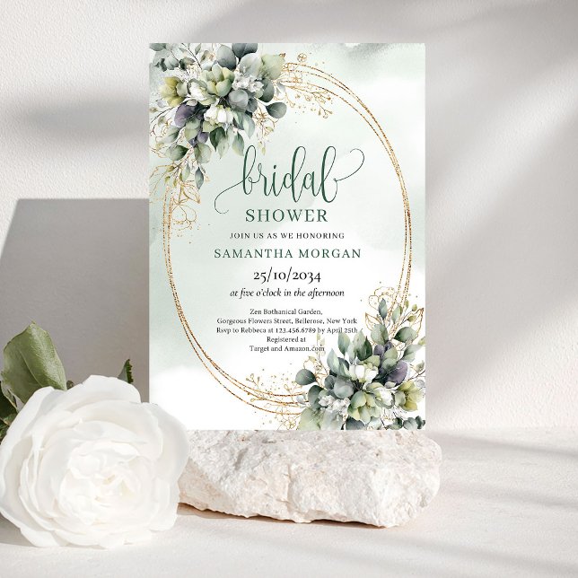 Invitación de Despedida de Soltera Boho Verde Dora (Fresh Chic Green Gold Boho Bridal Shower Invitation)
