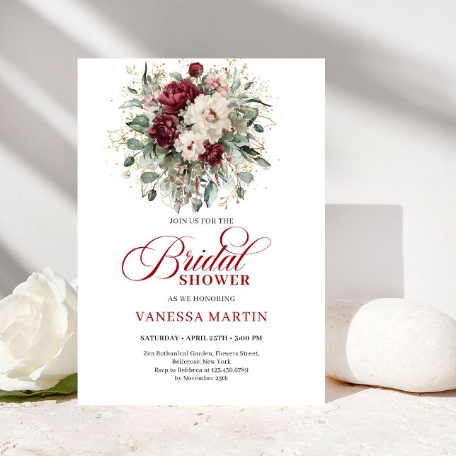 Invitación de Despedida de Soltera Botánica de Bor (Stylish Burgundy Botanical Bridal Shower Invitation)