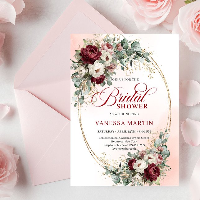 Invitación de Despedida de Soltera Burgundy Dorado (Trendy Burgundy Gold Greenery Bridal Shower Invite)
