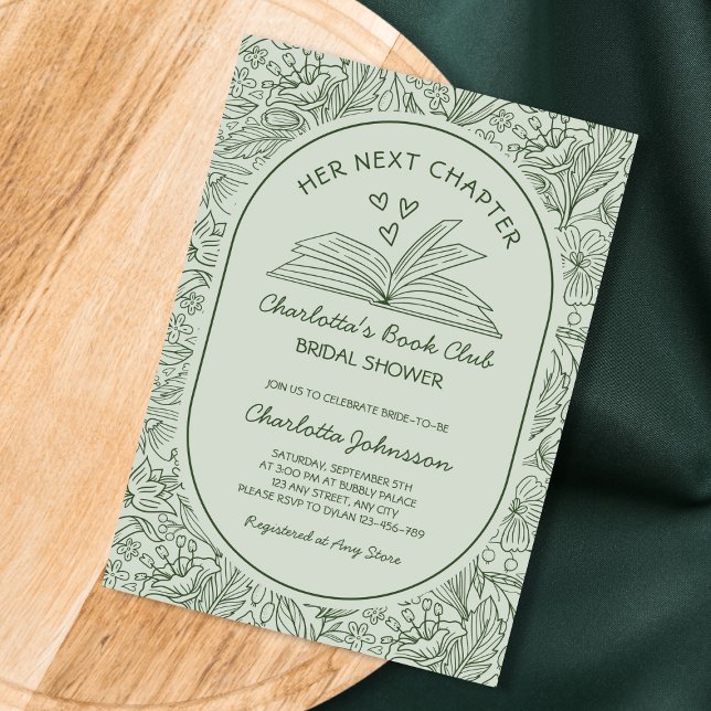 Invitación de Despedida de Soltera Capítulo Siguie (Next Chapter Book Club Sage Green Bridal Shower Invitation)