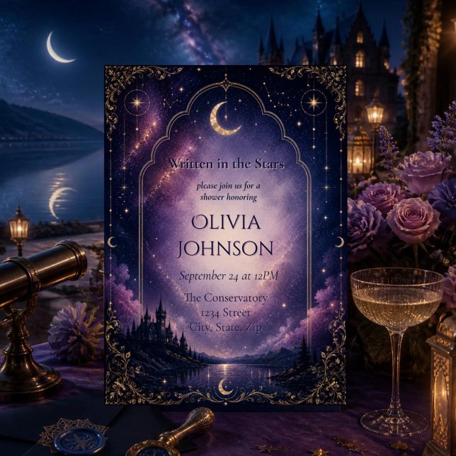 Invitación de Despedida de Soltera Celestial | Baj (Elegant celestial bridal shower invitation with moonlit castle, purple galaxy & gold Art Deco frame)