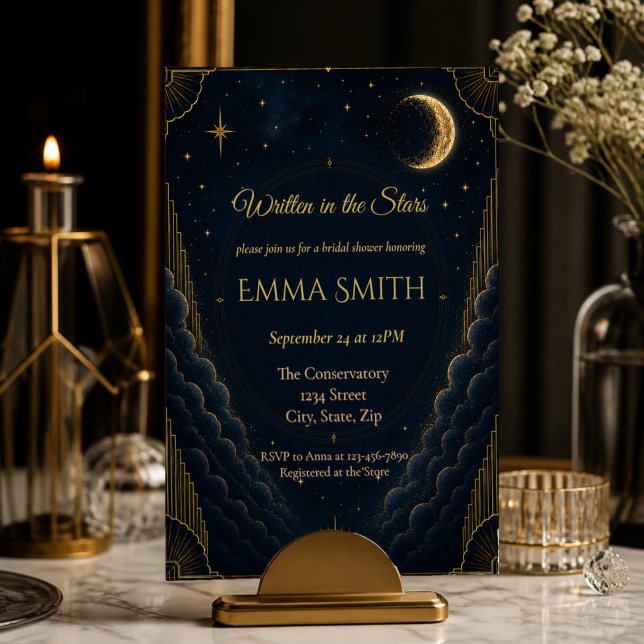 Invitación de Despedida de Soltera Celestial | Ele (Elegant navy & gold celestial bridal shower invitation with moon, stars and luxurious Art Deco style)