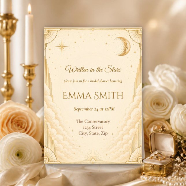 Invitación de Despedida de Soltera Celestial | Lun (Elegant celestial bridal shower invitation with gold moon and stars.)