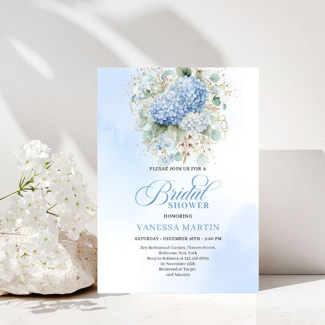 Invitación de Despedida de Soltera Chic Boho Horte (Chic Boho Blue Hydrangeas Bridal Shower Invitation)