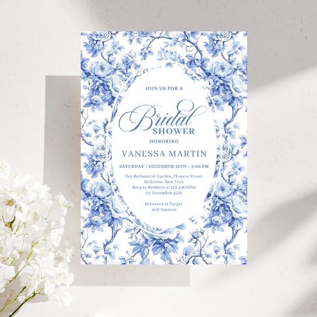 Invitación de Despedida de Soltera Chic Royal Blue (Chic Royal Blue Toile de Jouy Bridal Shower Invite)