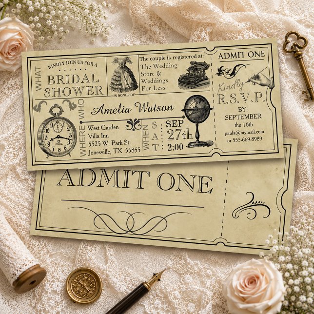 Invitación de Despedida de Soltera con Boleto Vint (Vintage Ticket Bridal Shower Invitation)