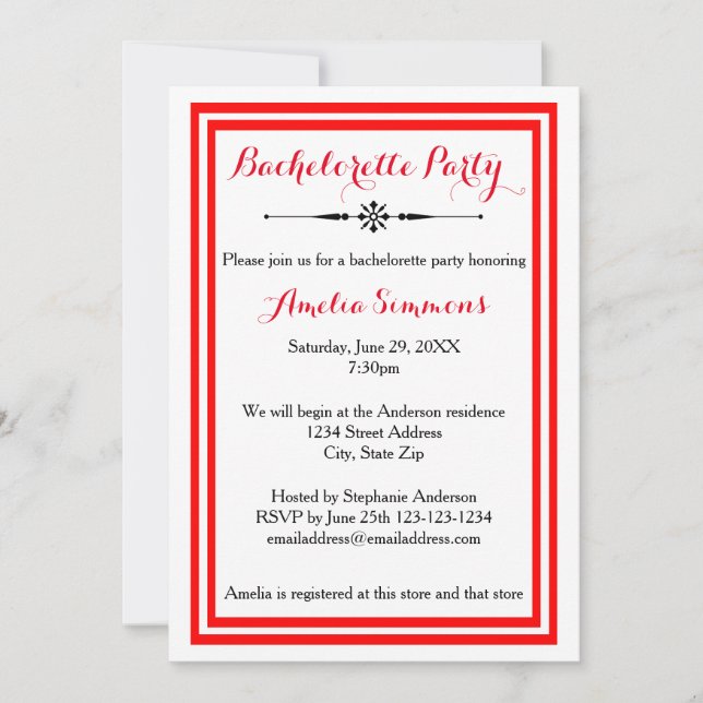 Invitación de Despedida de Soltera con Borde Rojo  (Anverso)