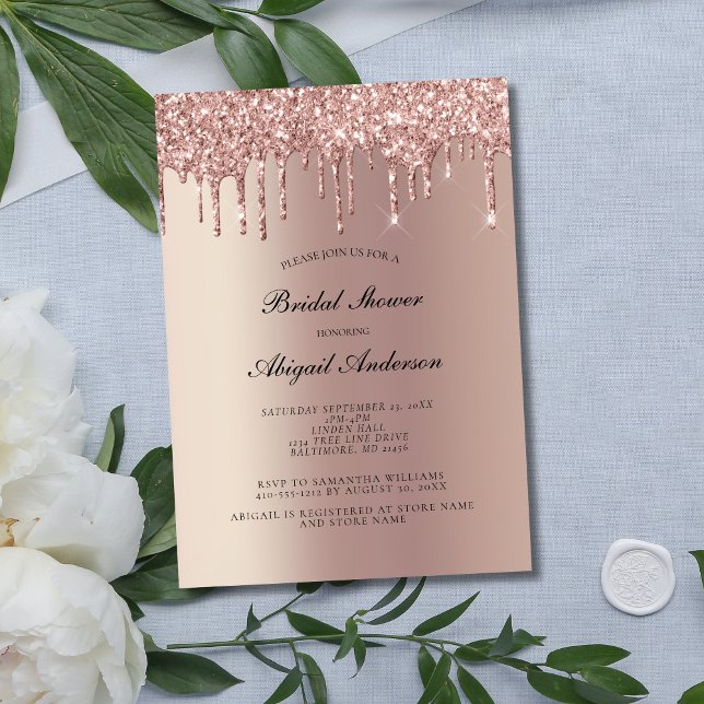 Invitación de Despedida de Soltera con Brillo de O (Rose Gold Dripping glitter Bridal Shower Invitation)