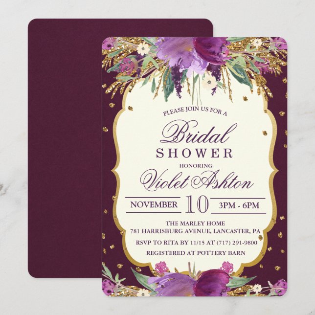 Invitación de Despedida de Soltera con Brillo Flor (Anverso / Reverso)
