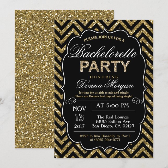 Invitación de despedida de soltera con brillo negr (Anverso / Reverso)
