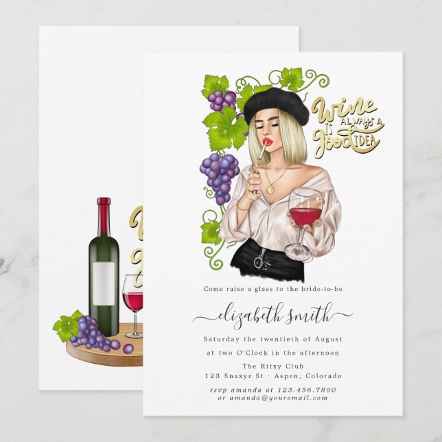Invitación de Despedida de Soltera con Cata de Vin (Anverso / Reverso)