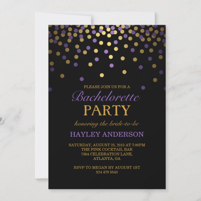 Invitación de despedida de soltera con confeti púr (Anverso)