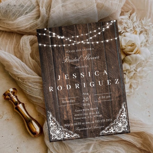 Invitación de Despedida de Soltera con Encaje de M (Rustic Wood Lace Bridal Shower Invitation)