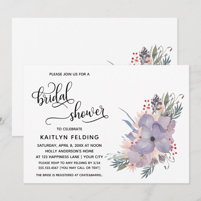 Invitación de Despedida de Soltera con Flores de A (Anverso / Reverso)