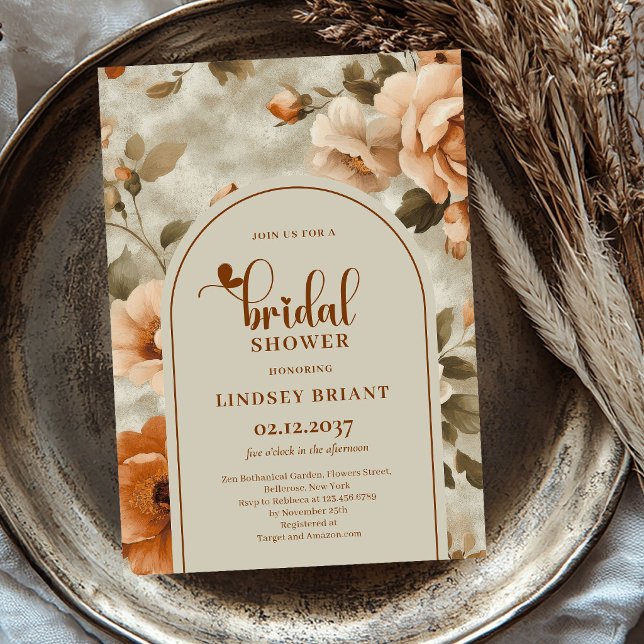 Invitación de Despedida de Soltera con Flores de C (Bohemian Copper Flowers Sage Bridal Shower Invitation)