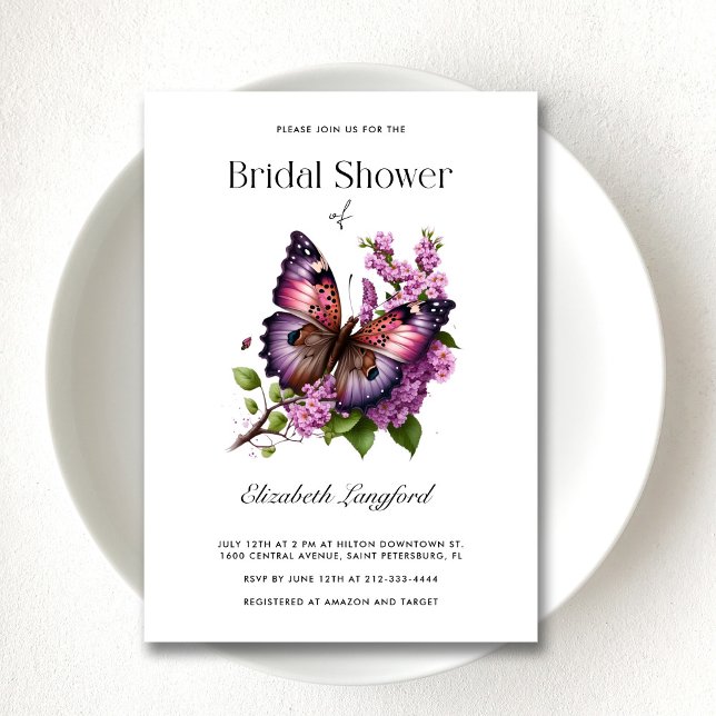 Invitación de Despedida de Soltera con Flores de M (Customizable Purple Floral Butterfly Bridal Shower Invitation)