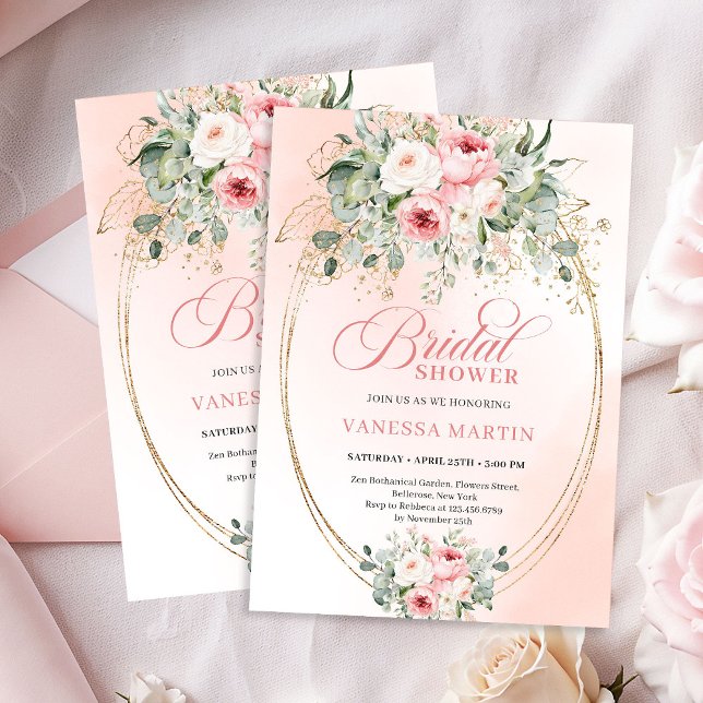 Invitación de Despedida de Soltera con Flores Polv (Trendy Dusty Pink Floral Bridal Shower Invitation)