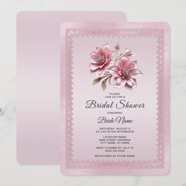 Invitación de Despedida de Soltera con Flores Rosa (Anverso / Reverso)
