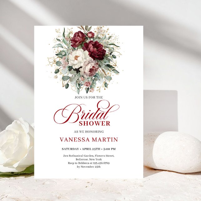 Invitación de Despedida de Soltera con Flores Suav (Soft Marsala Flowers Bridal Shower Invitation)