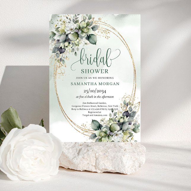 Invitación de Despedida de Soltera con Follaje Ver (Green Gold Foliage Bridal Shower Invitation)
