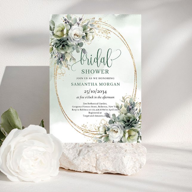 Invitación de Despedida de Soltera con Follaje Ver (Dusty Green Foliage Bridal Shower Invitation)
