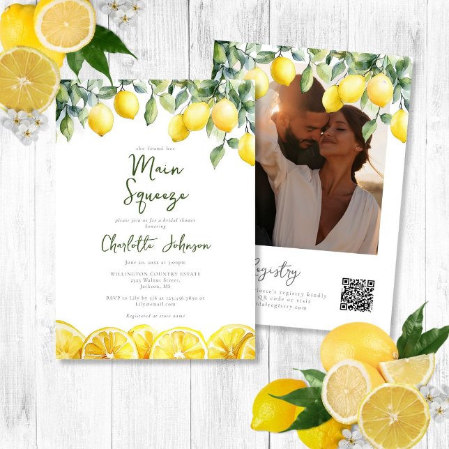 Invitación de Despedida de Soltera con Foto en Acu (Main Squeeze Watercolor Photo QR Bridal Shower Invitation)