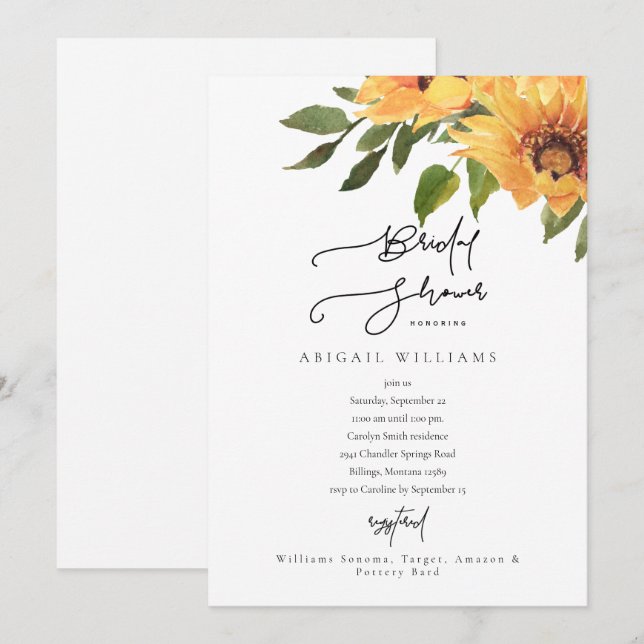 Invitación de Despedida de Soltera con Girasoles B (Anverso / Reverso)