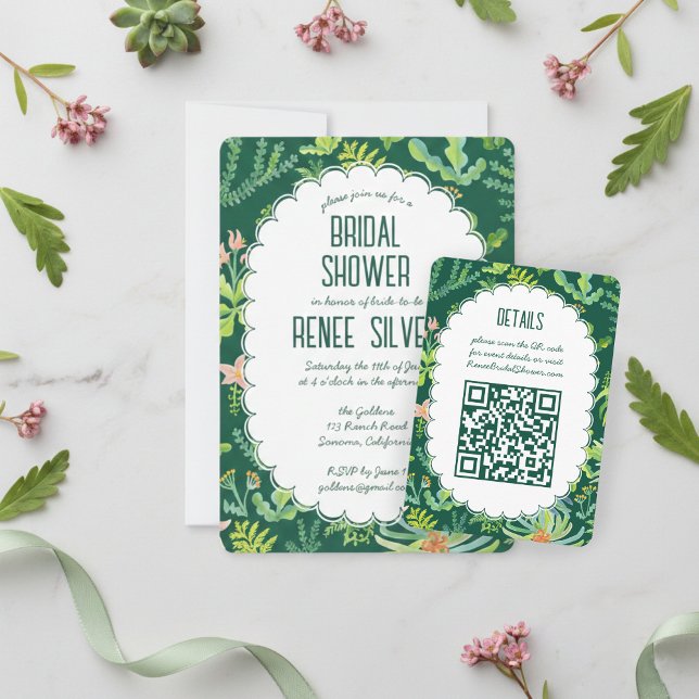 Invitación de Despedida de Soltera con Jardín de J (Jungle Garden Watercolor Hand-painted Custom QR BRIDAL SHOWER Enclosure Card
)