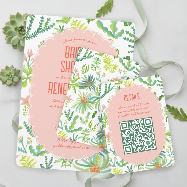 Invitación de Despedida de Soltera con Jardín de J (Jungle Garden Watercolor Hand-painted Custom QR BRIDAL SHOWER Enclosure Card
)