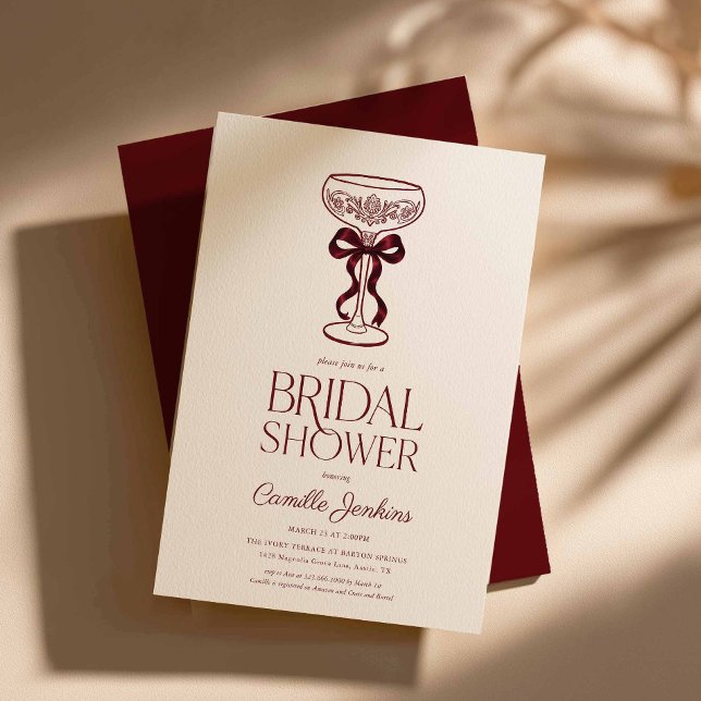 Invitación de Despedida de Soltera con Lazo de Bor (Burgundy Bow Bridal Shower Invitation)