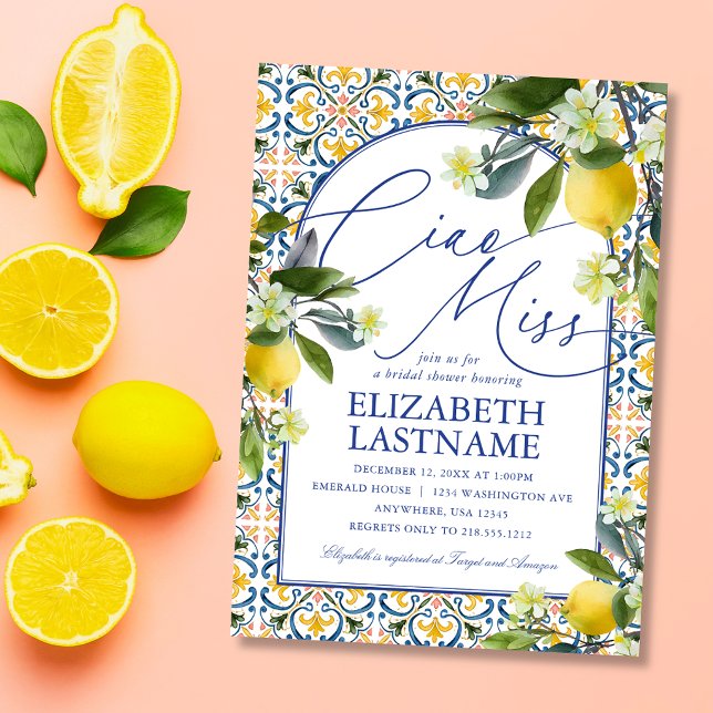 Invitación de Despedida de Soltera con Limones Ita (Italian lemon bridal shower invitation with blue tile design. Perfect Amalfi Coast them.)