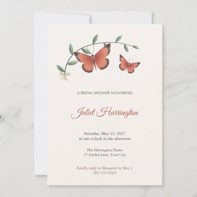 Invitación de Despedida de Soltera con Mariposa de (Anverso)