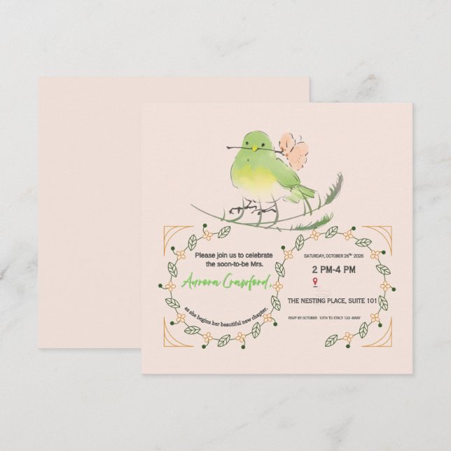 Invitación de Despedida de Soltera con Pájaro y Ho (Anverso / Reverso)