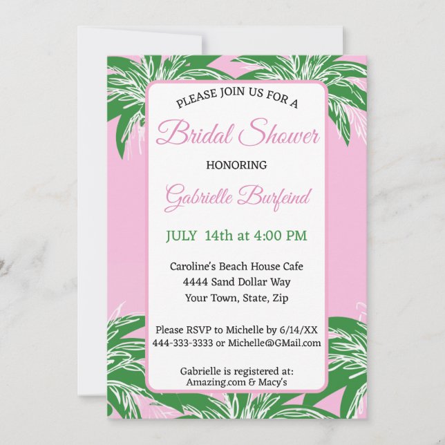 Invitación de Despedida de Soltera con Palma Rosa  (Anverso)