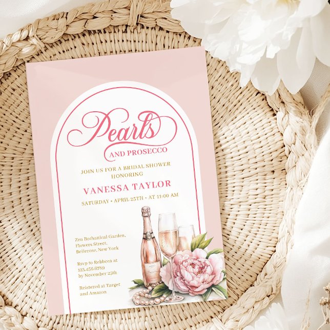 Invitación de Despedida de Soltera con Perlas Eleg (Elegant Pearls and Prosecco Bridal Shower Invite)