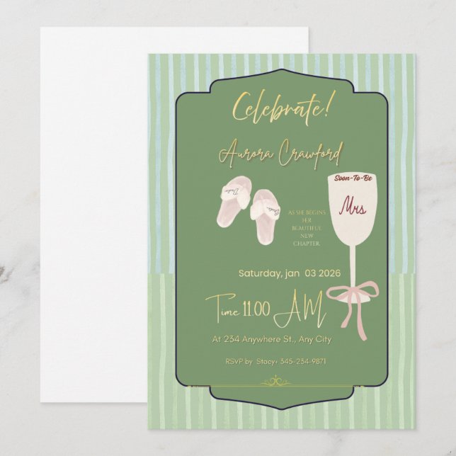 Invitación de Despedida de Soltera con Rayas Verde (Anverso / Reverso)