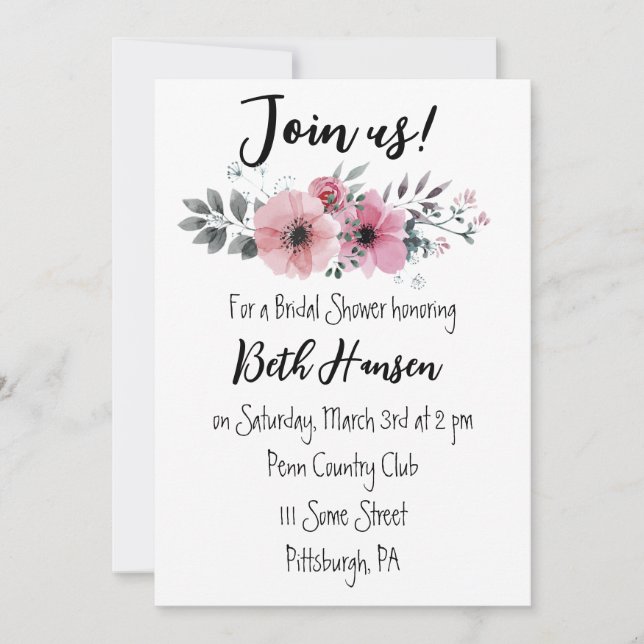 Invitación de Despedida de Soltera con Rosas Flora (Anverso)