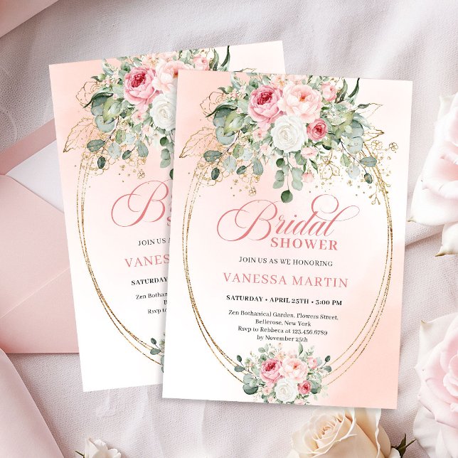 Invitación de Despedida de Soltera con Rosas Rosad (Romantic Pale Pink Roses Bridal Shower Invitation)