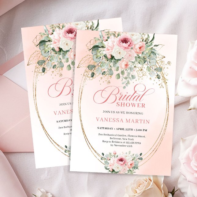 Invitación de Despedida de Soltera con Rosas Rosad (Trendy Boho Blush Roses Bridal Shower Invitation)